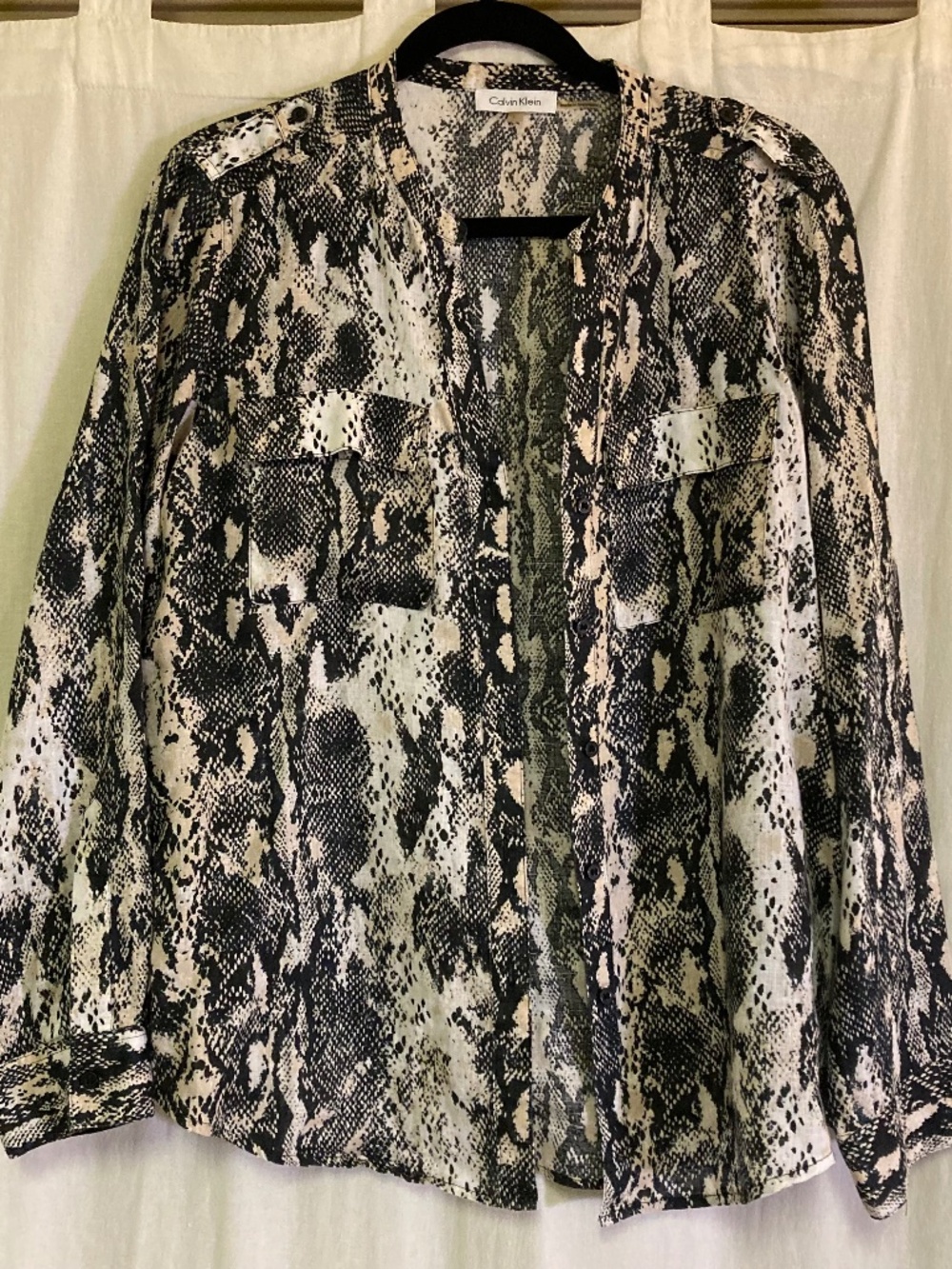 Calvin Klein Snakeskin Print Button Down Linen Top Blouse Size Large